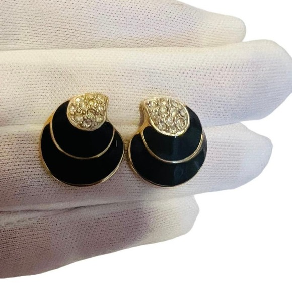 Vintage  Black Enamel, with Crystal, Post back Earrings - Picture 1 of 3
